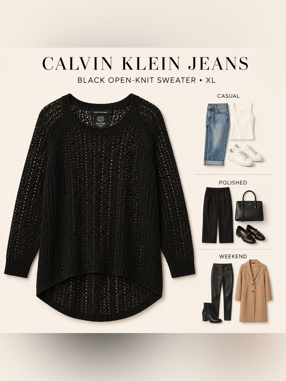Calvin Klein Jeans Black Open Knit Sweater Women’s XL High Low Hem